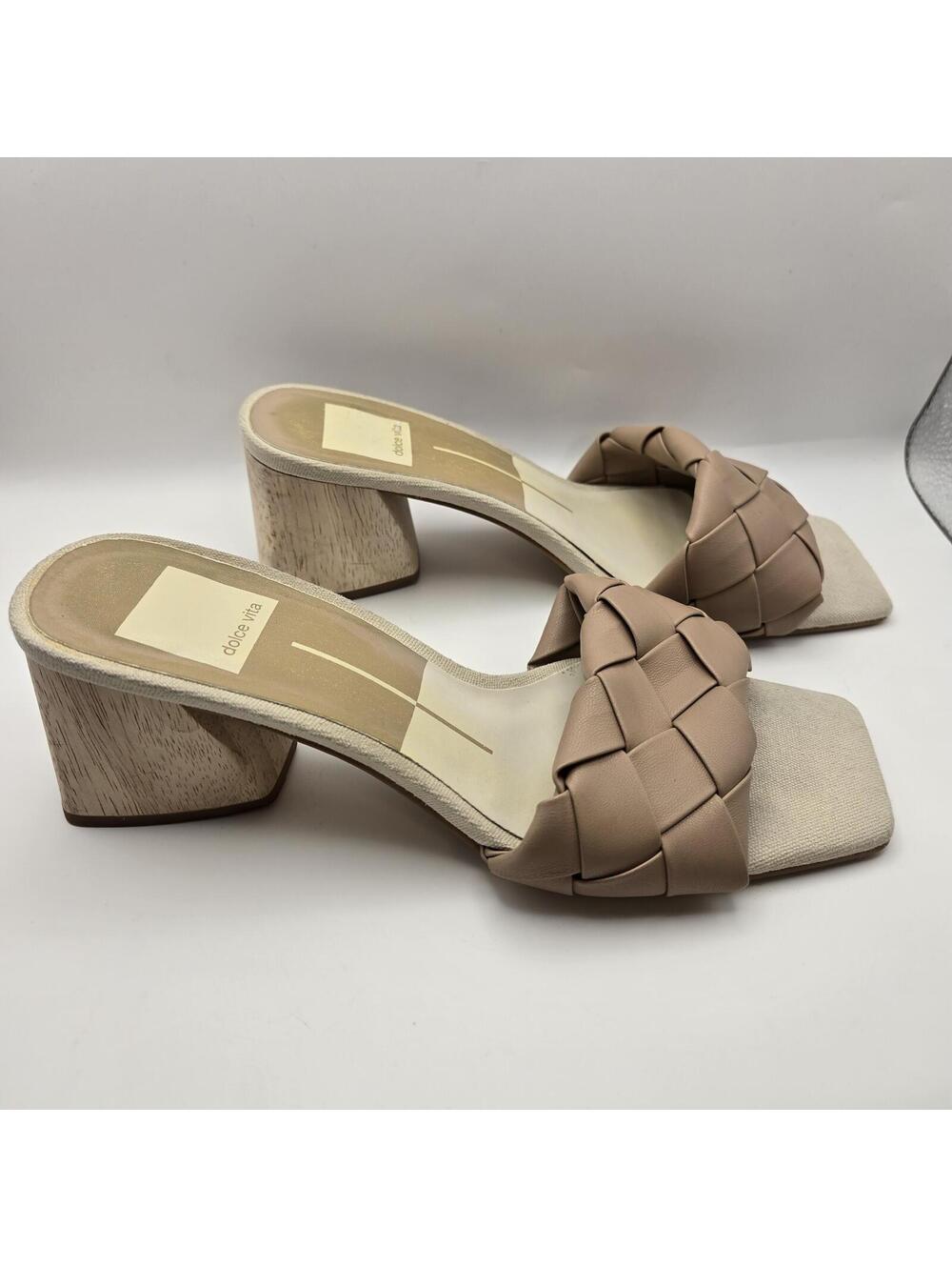 Dolce Vita Moly Braided Block Heel Slide Sandals Beige Square Toe Mules Size 6.5